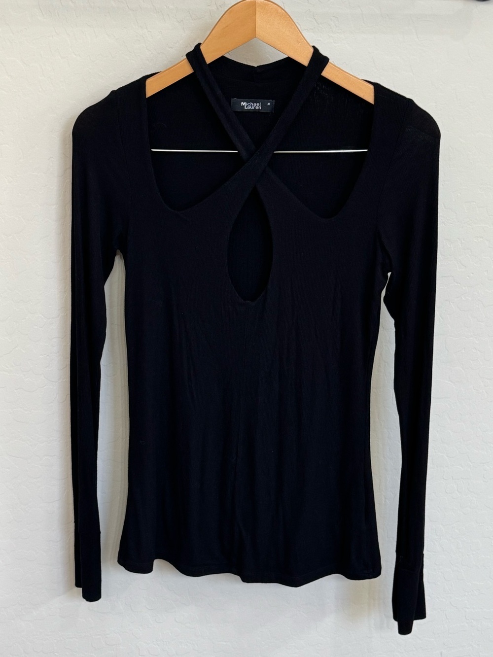 Michael Lauren Gael Cutout Crossover Keyhole Ribbed Long Sleeve Top Black M
